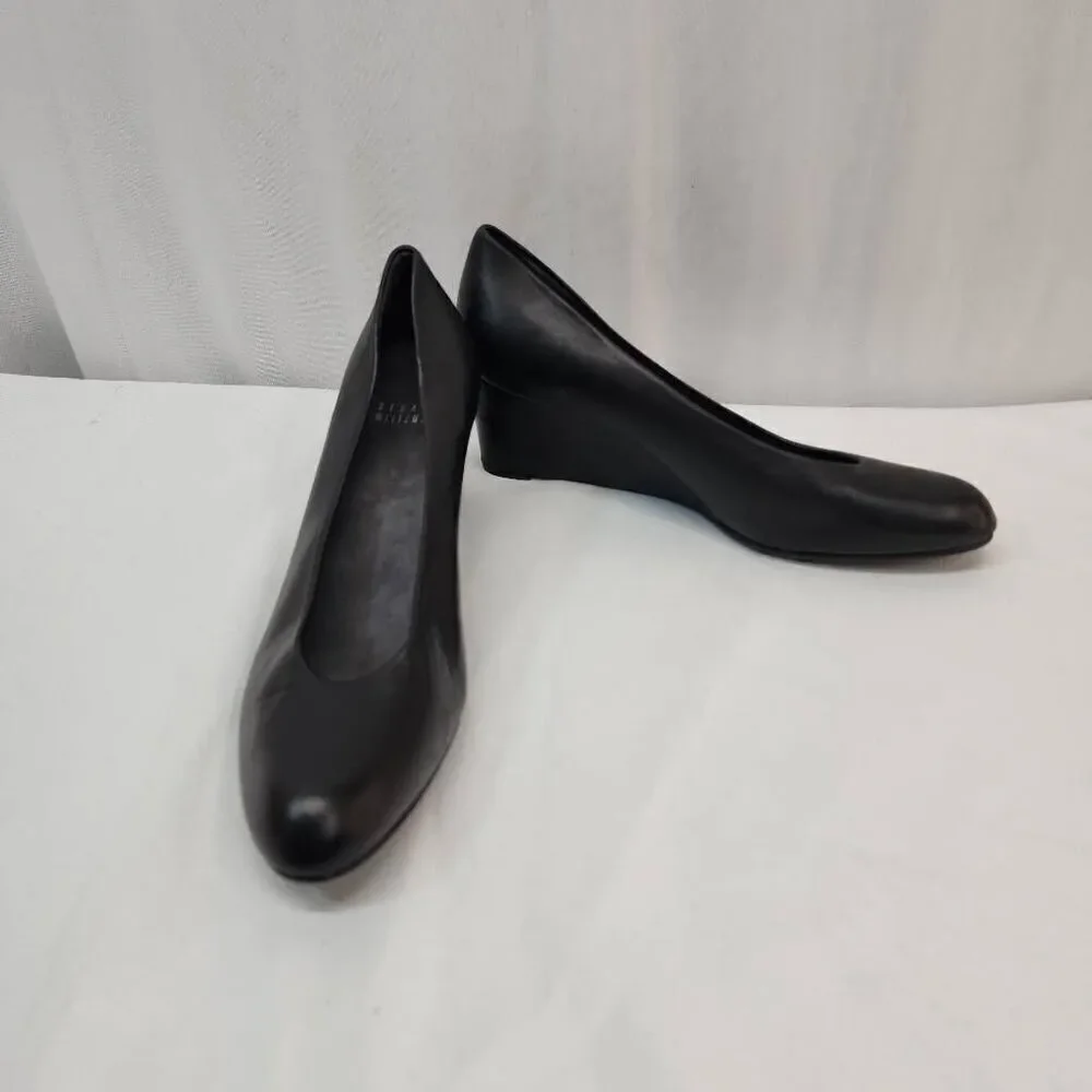 Stuart Weitzman Size 8 Black Leather Women's Wedge Slip On Almond Toe Heel Pumps - Picture 2 of 10
